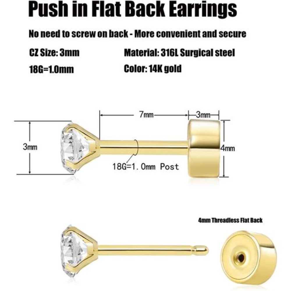 Threadless Flat Back Earrings, Hypoallergenic 14k… - image 4